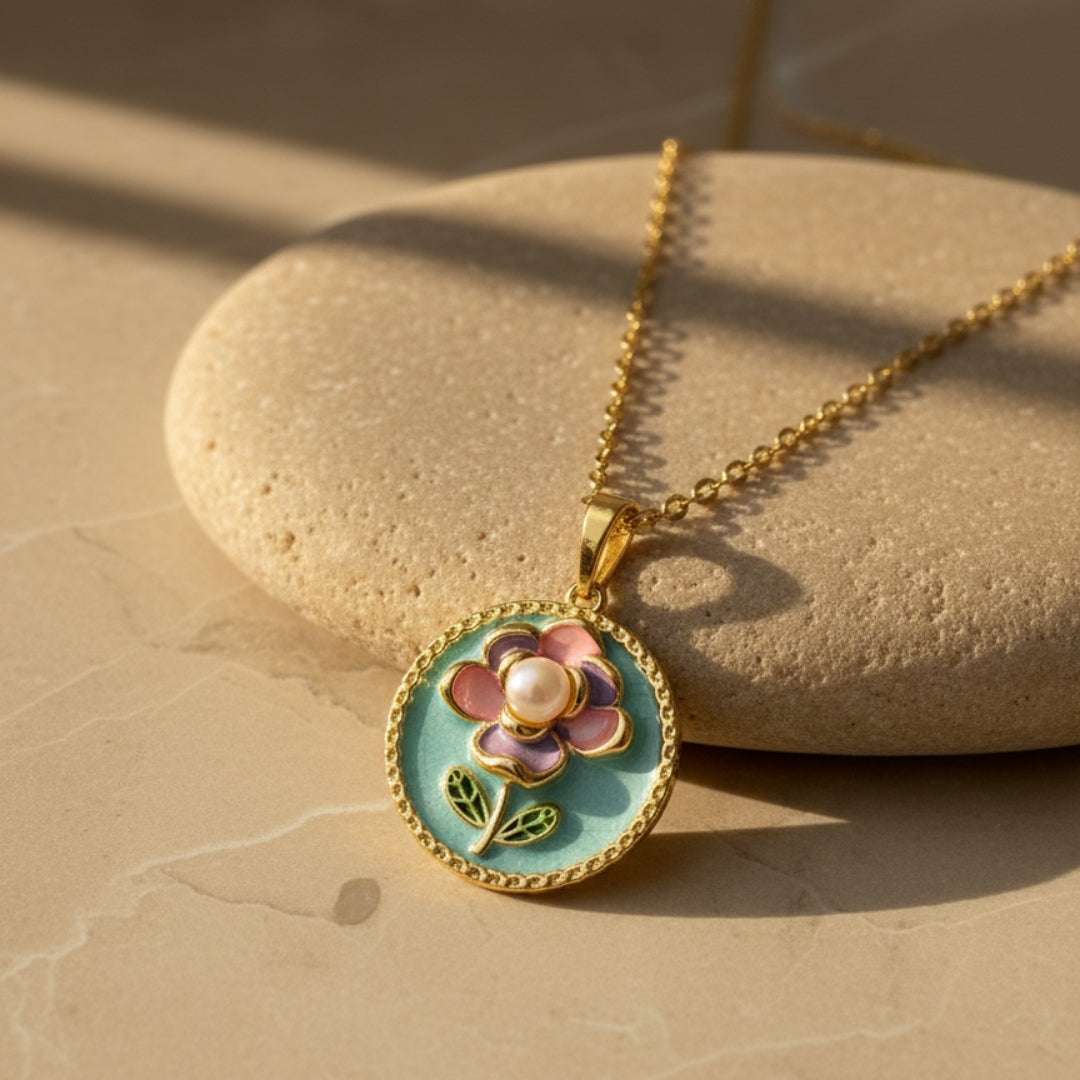 Anti-Tarnish Pastel Floral Medallion Pendant