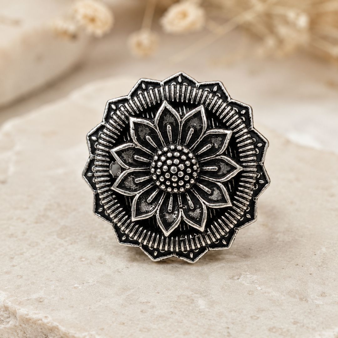 Oxidized German Silver Sunflower Floral Statement Ring