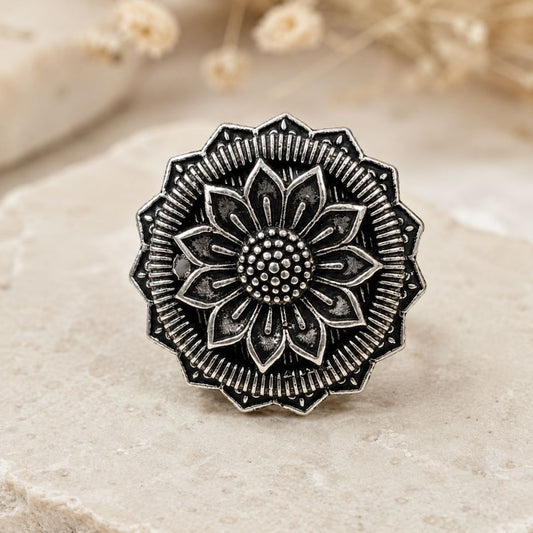 Oxidized German Silver Sunflower Floral Statement Ring