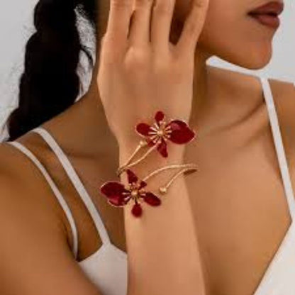 Elegant Red Floral Jewelry Set – Armlet, Ring & Statement Earrings