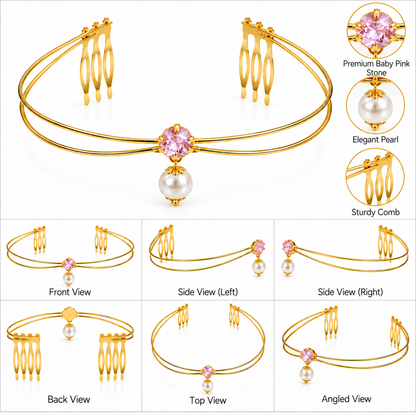 Gold-Plated Pink Stone Pearl Hairlet for Women