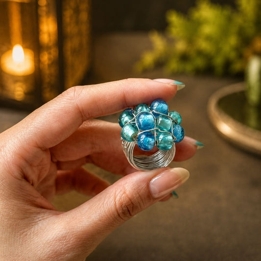 Handmade Blue & Teal Beaded Wire Wrap Statement Ring