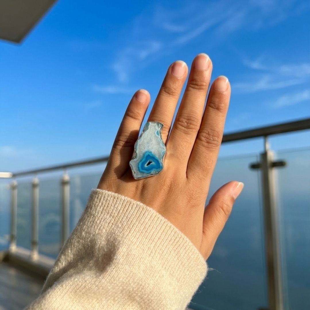 Blue Agate Slice Statement Ring – Natural Geode Stone Ring