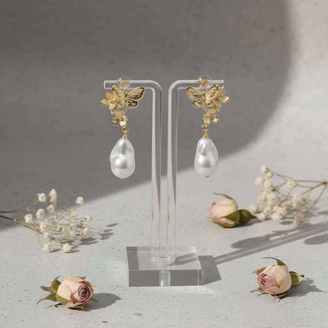 Elegant Gold Butterfly with Pearl Dangle Earrings