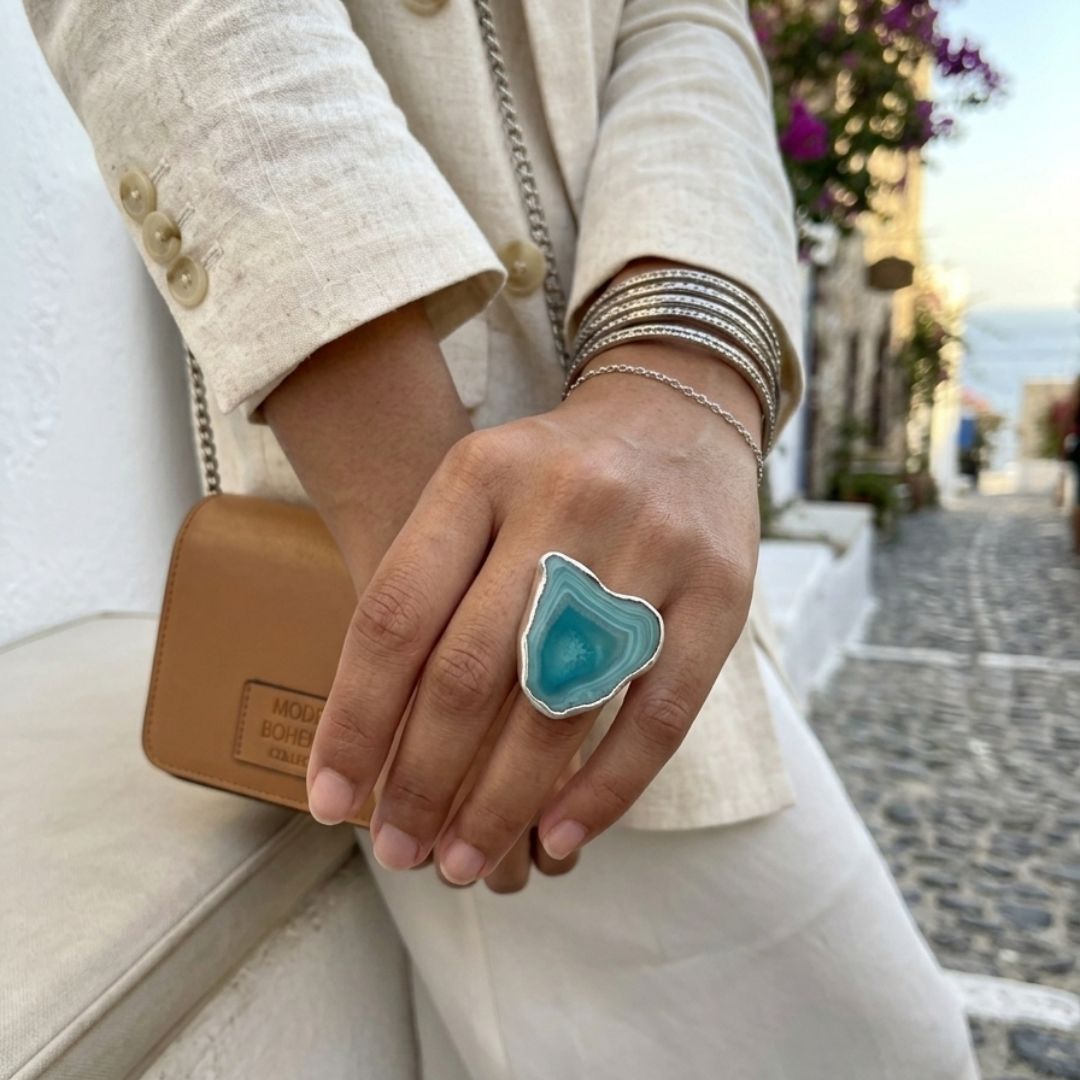 Green Agate Slice Statement Ring – Natural Stone Silver Ring