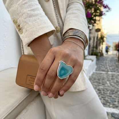 Green Agate Slice Statement Ring – Natural Stone Silver Ring