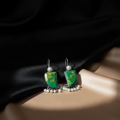 Oxidized Green Abstract Stone & Pearl Danglers