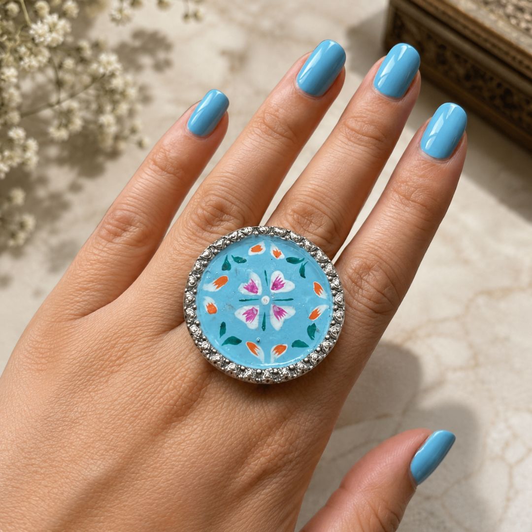 Elegant Meenakari Sky Blue Floral Silver Adjustable Finger Ring