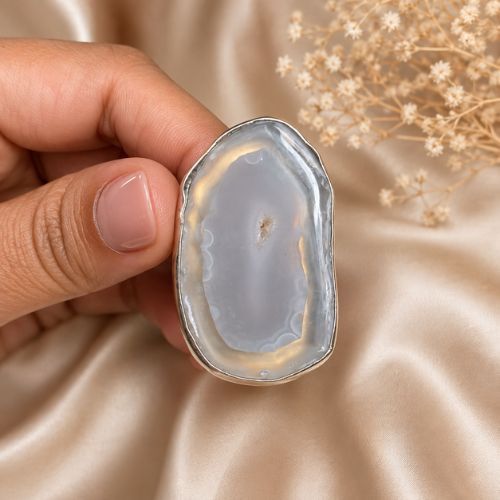 Natural Blue Lace Agate German Oxidised Silver Ring