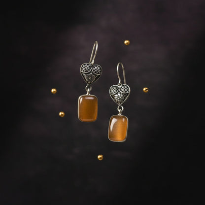 Antique Silver Heart Drop Earrings with Honey Amber Stone