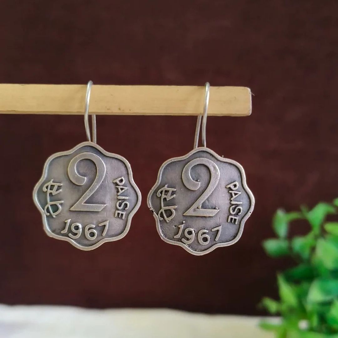 Antique German Silver 2 Paisa Coin Earrings | Oxidized Traditional Jewelry