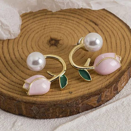 Gold-plated tulip and pearl stud earrings