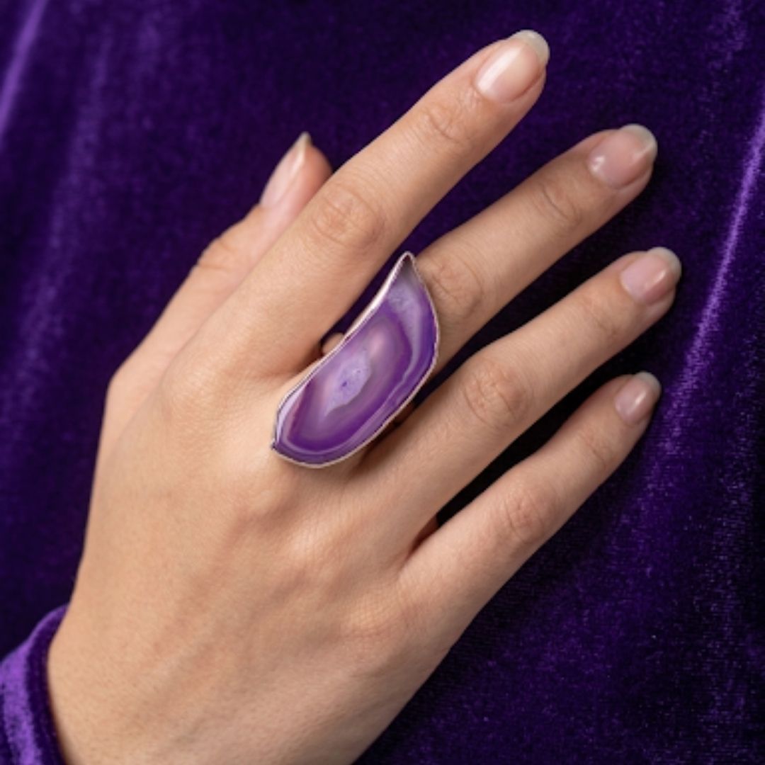 Handcrafted German Oxidized Silver Ring with Natural Purple Agate Slice | Adjustable Statement Ring
