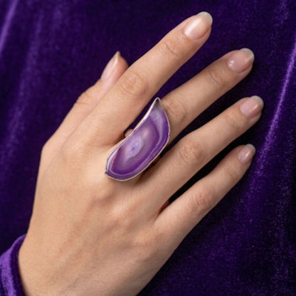 Handcrafted German Oxidized Silver Ring with Natural Purple Agate Slice | Adjustable Statement Ring