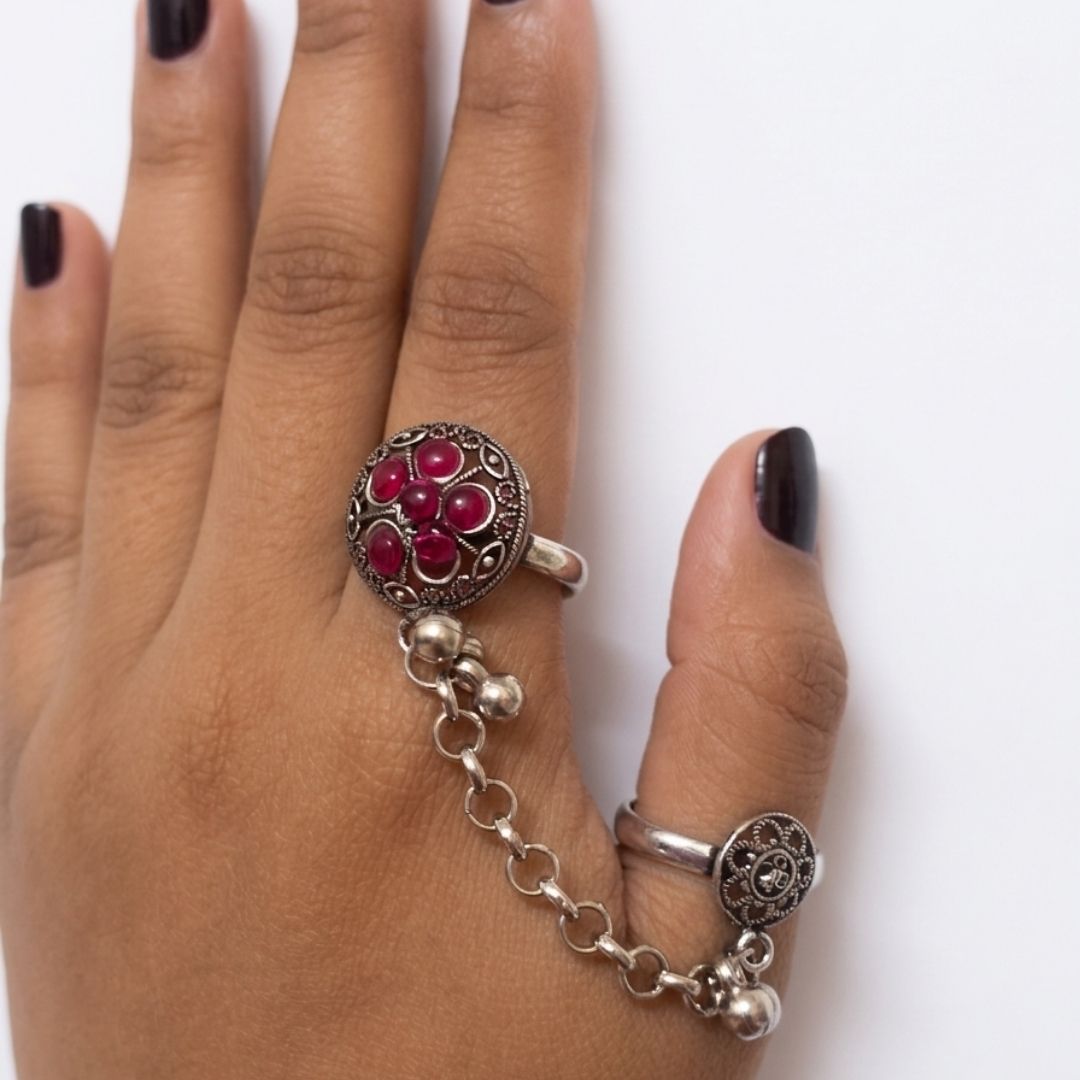 Oxidized German Silver Kashmiri-Style Pink Stone Floral Chain Hand Harness Ring