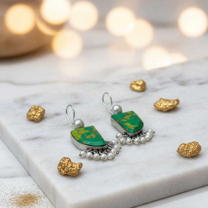Oxidized Green Abstract Stone & Pearl Danglers