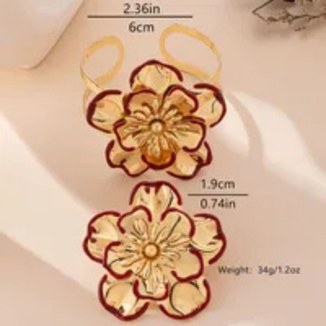 Elegant Gold & Red Floral Jewelry Set – Bracelet, Earrings & Ring Combo