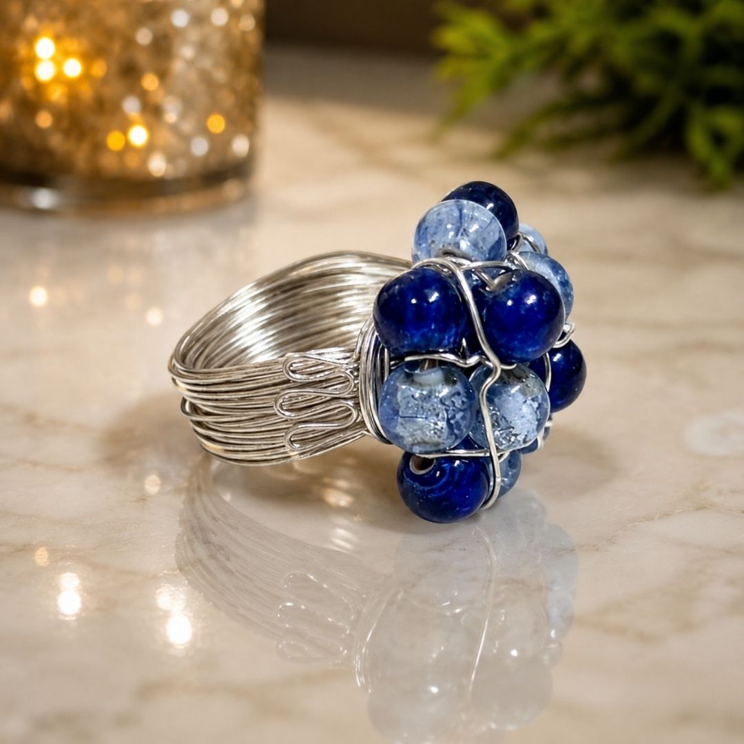 Handmade Blue Beaded Wire Wrap Cluster Ring