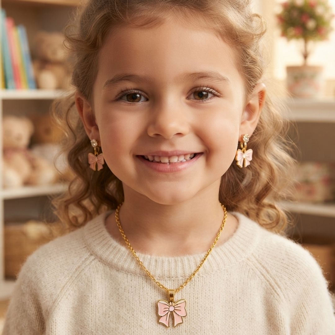 Cute Pink Bow Jewelry Set for Girls