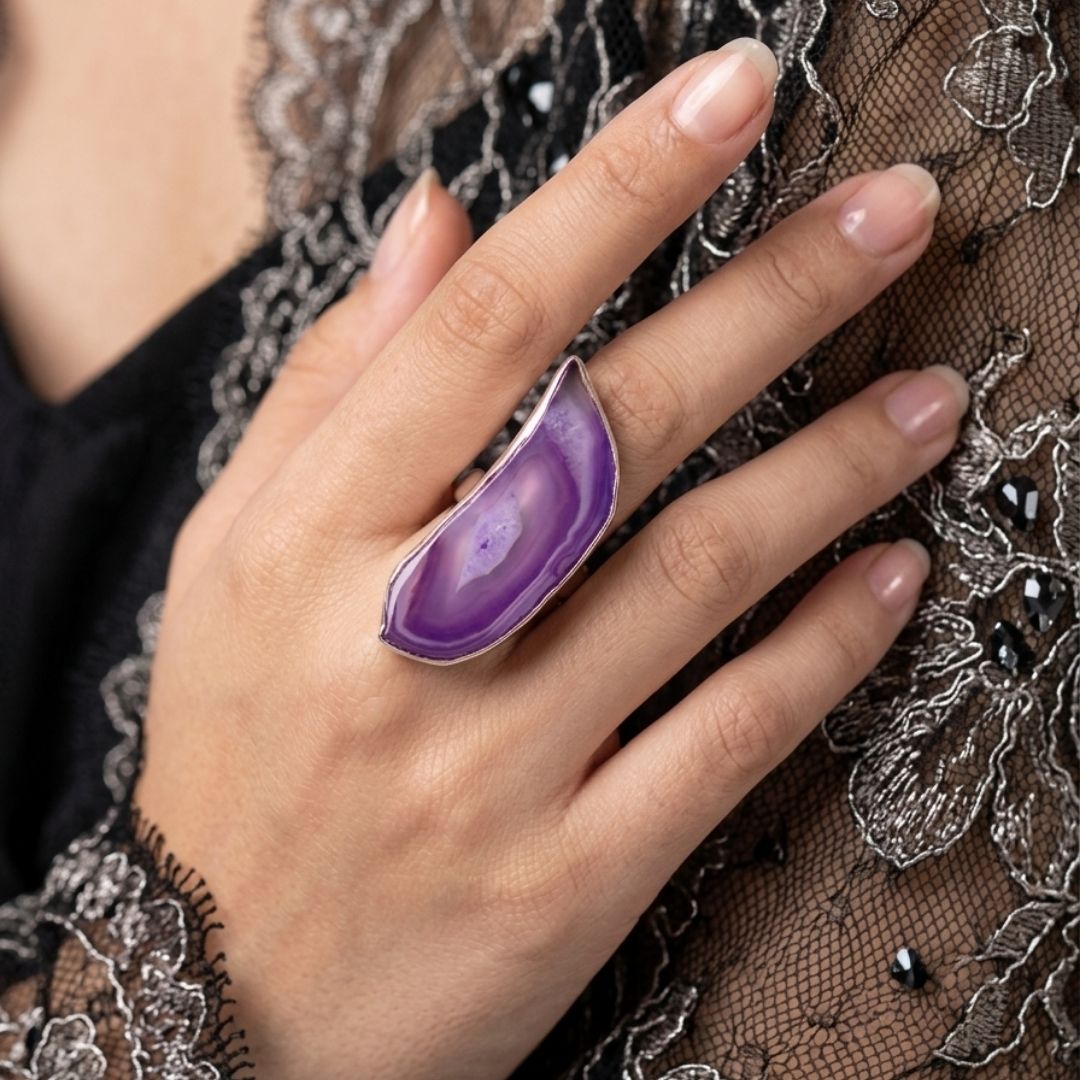 Handcrafted German Oxidized Silver Ring with Natural Purple Agate Slice | Adjustable Statement Ring