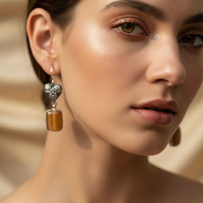 Antique Silver Heart Drop Earrings with Honey Amber Stone