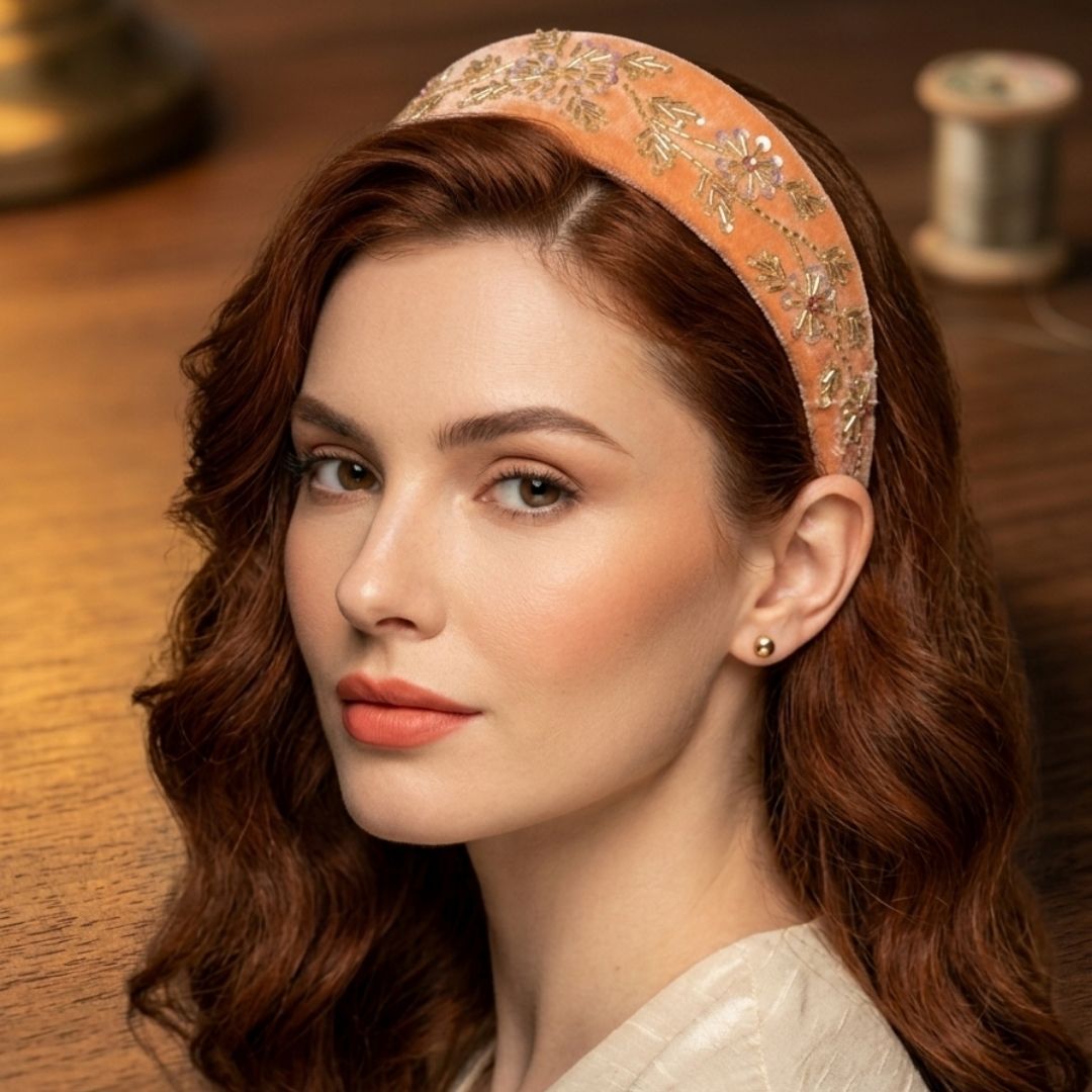 Handmade Premium Velvet Embroidered Hairband – Elegant Floral Design