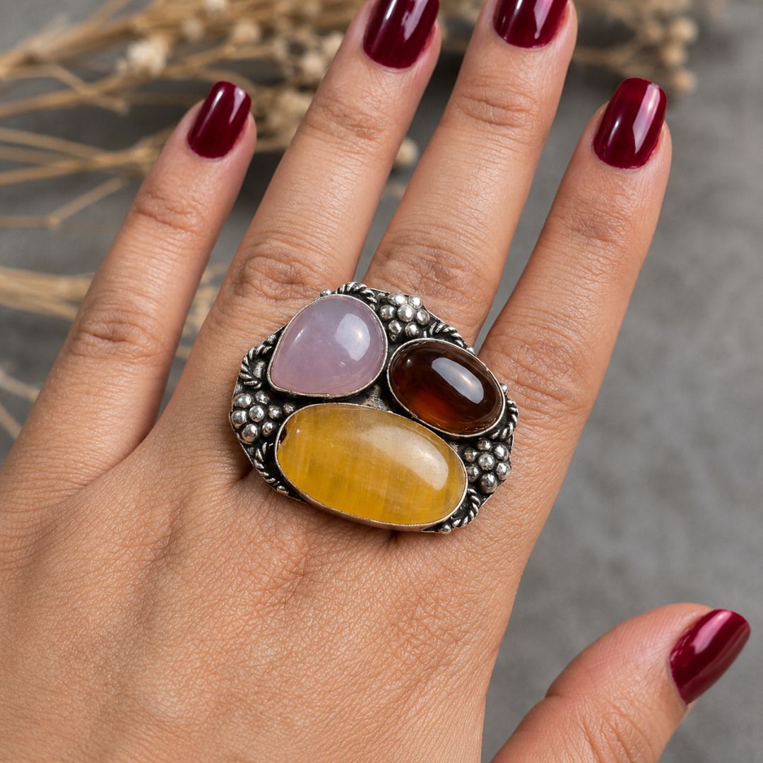 Vintage Bohemian Multi-Stone Statement Ring in Oxidized Silver