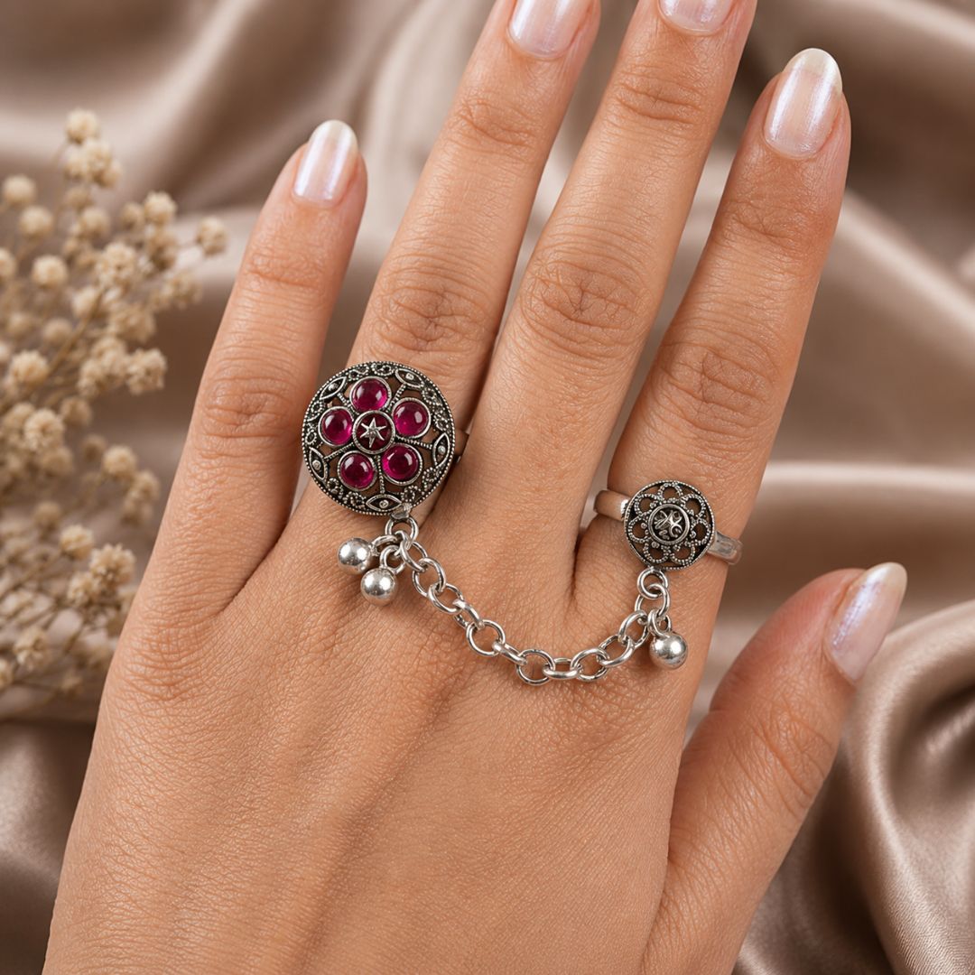 Oxidized German Silver Kashmiri-Style Pink Stone Floral Chain Hand Harness Ring