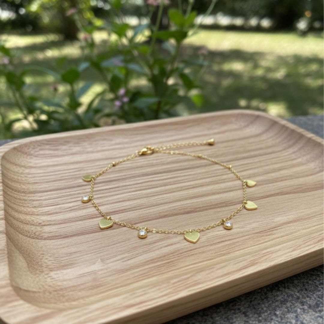 Delicate Gold Anklet with Heart & Stone Charms