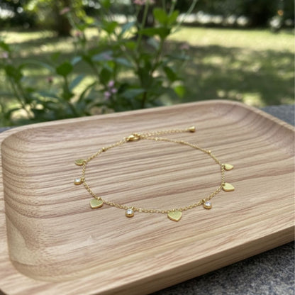 Delicate Gold Anklet with Heart & Stone Charms