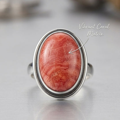 Elegant Oval Coral Gemstone Oxidized Silver Ring
