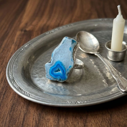 Blue Agate Slice Statement Ring – Natural Geode Stone Ring