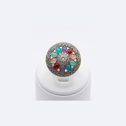 Multicolor Stone Floral German Silver Statement Ring