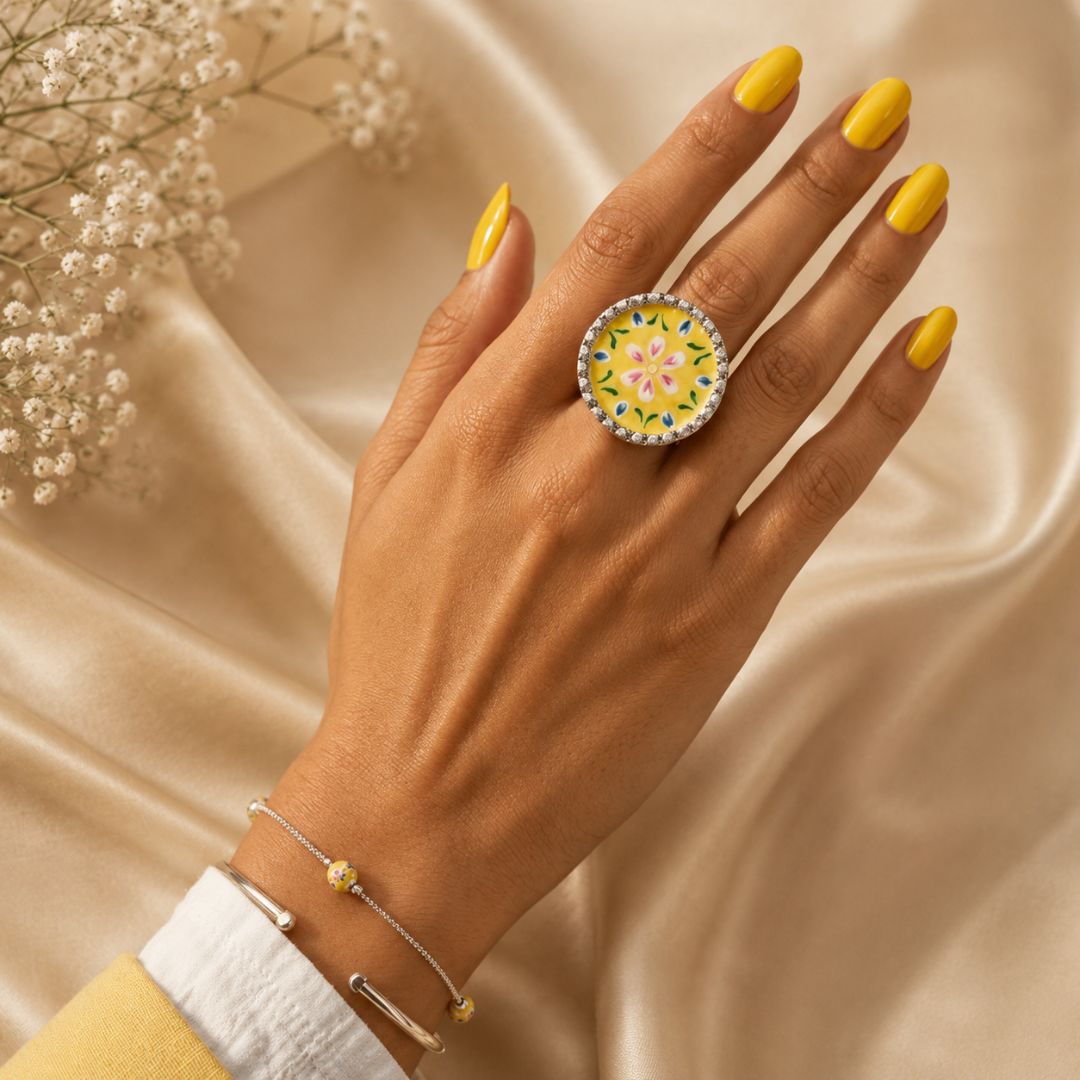 Elegant Meenakari Yellow Floral Silver Adjustable Finger Ring