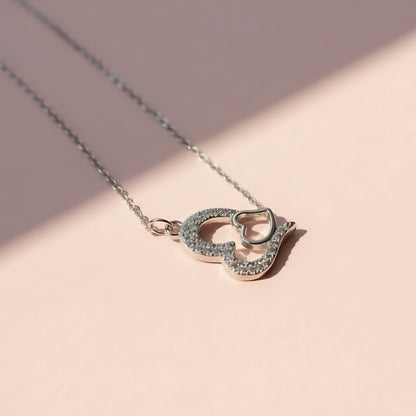 Double Heart Crystal Pendant Necklace – Silver Chain