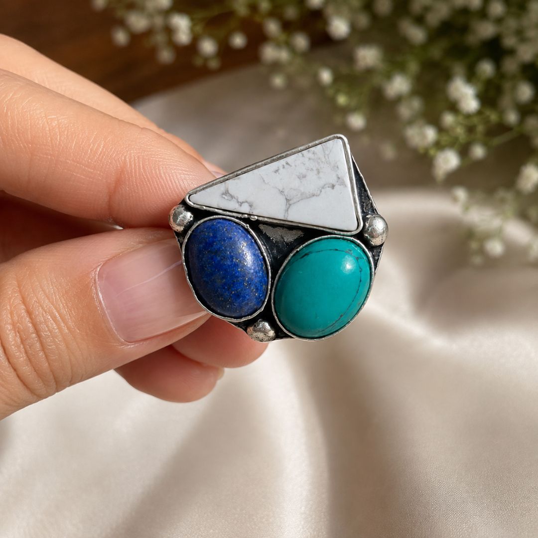 Mystic Trio Oxidised Gemstone Ring