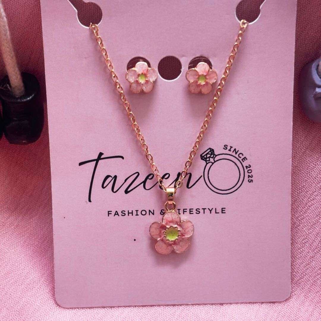 Pink Flower Charm Set – Kids Necklace & Earrings