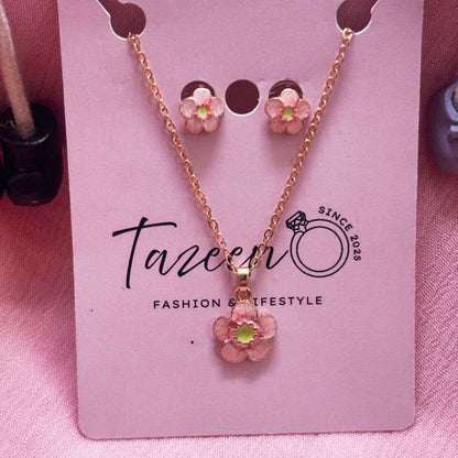 Pink Flower Charm Set – Kids Necklace & Earrings