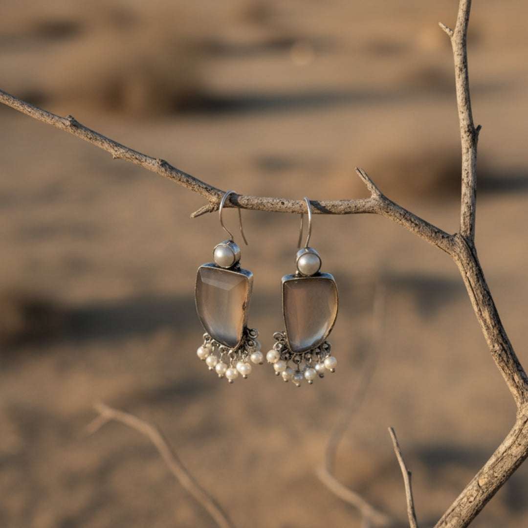 Oxidized Light Brown Stone & Pearl Danglers