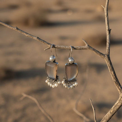 Oxidized Light Brown Stone & Pearl Danglers