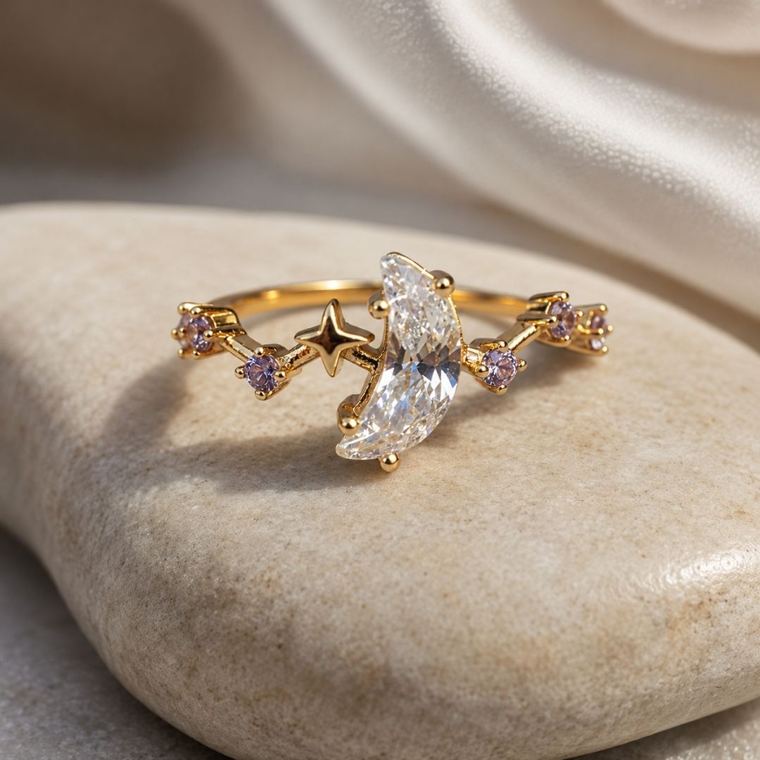 Gold Plated Crescent Star Ring