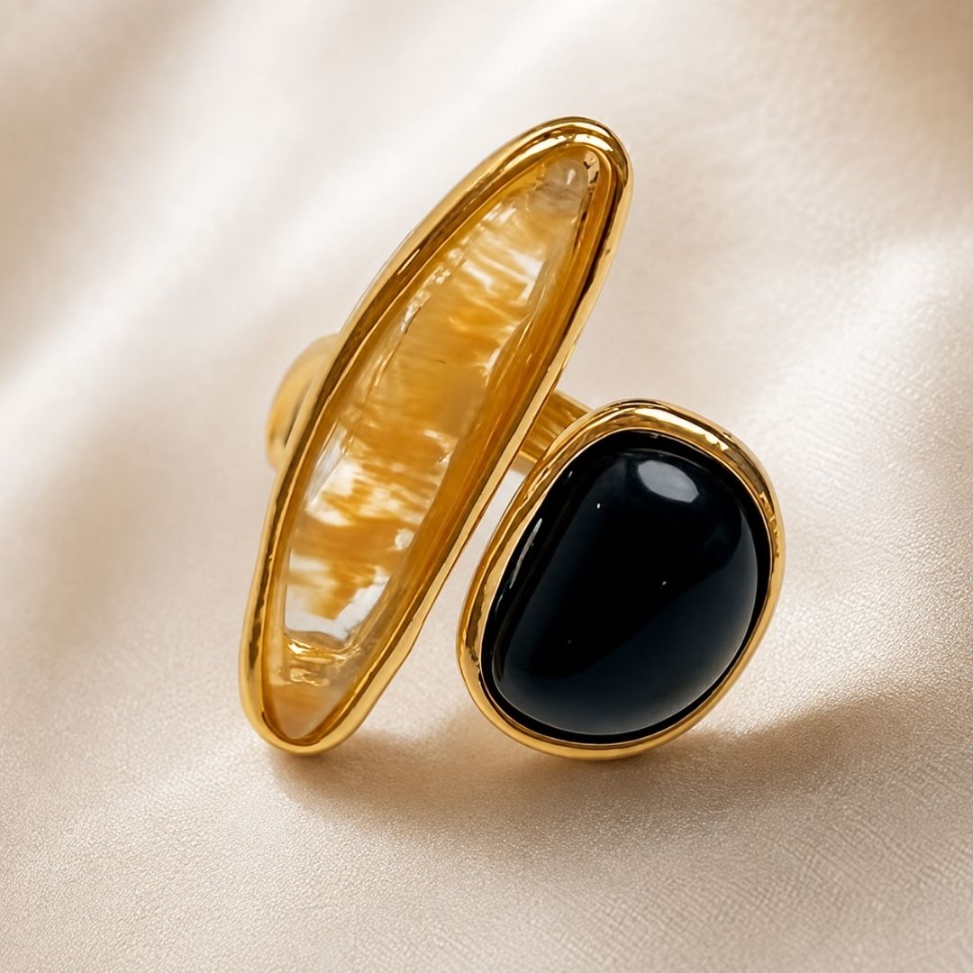 Brass 18K Gold-Plated Natural Stone Irregular Open Ring