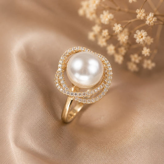 Gold Ring With Pearl And Crystal Halo