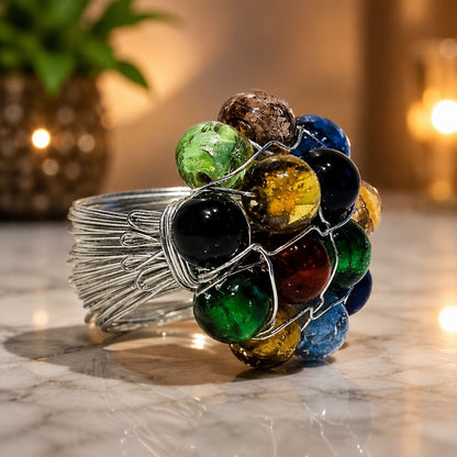 Handmade Multi Color Beaded Wire Wrap Cluster Ring