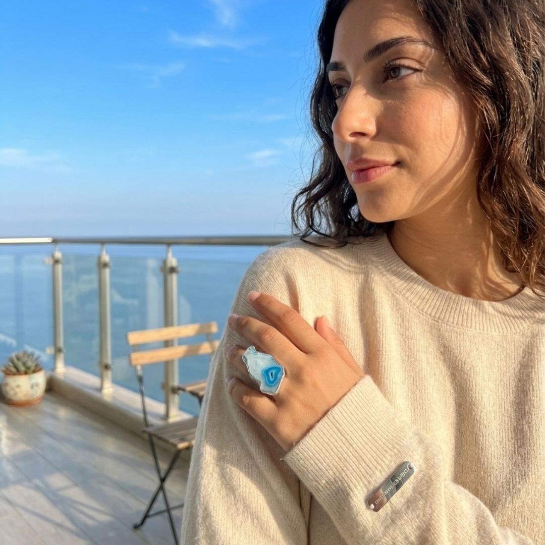 Blue Agate Slice Statement Ring – Natural Geode Stone Ring