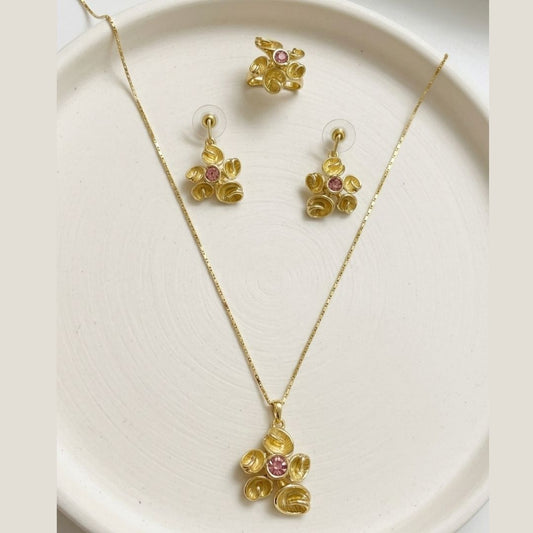 Elegant Gold Floral Pendant Necklace Set with Earrings & Ring