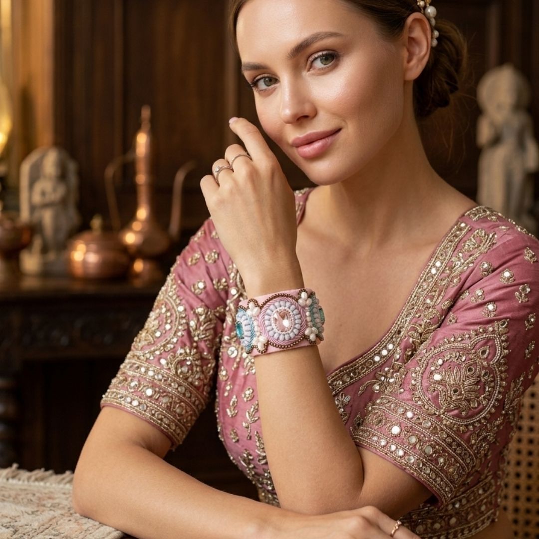 Blush Pink Handcrafted Beaded Statement Cuff