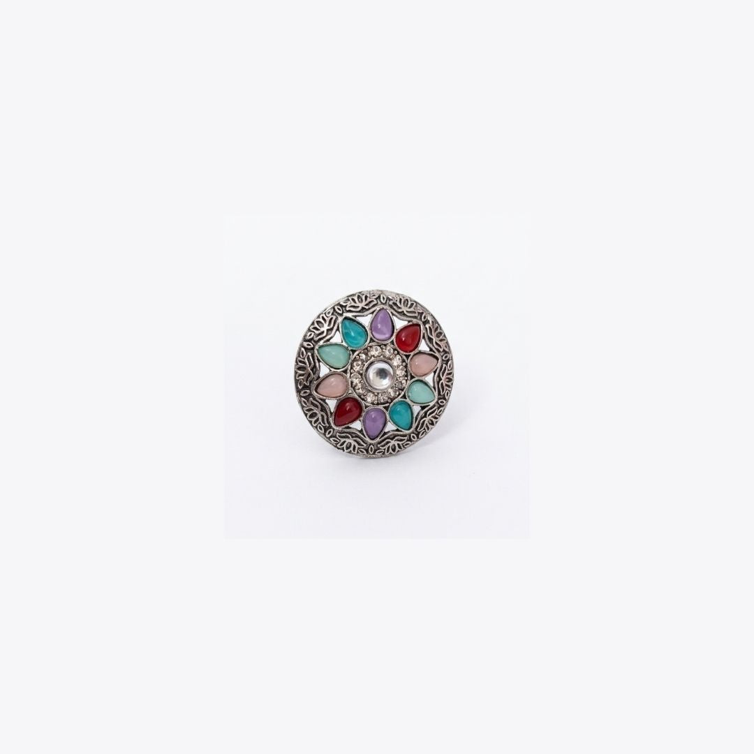Multicolor Stone Floral German Silver Statement Ring