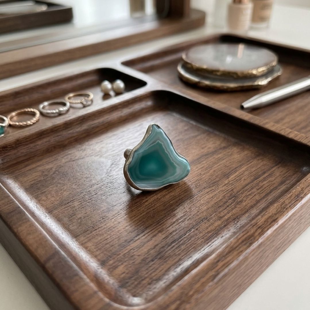 Green Agate Slice Statement Ring – Natural Stone Silver Ring