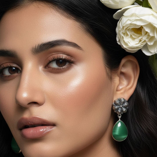 Antique Silver Floral Drop Earrings with Emerald Green Stone